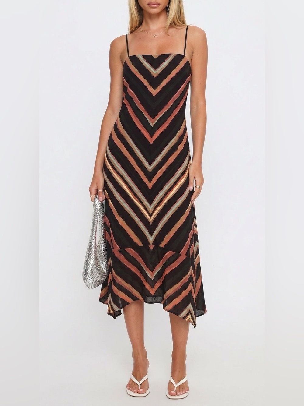Anthropologie Black Chevron Midi Slip Dress with Rust and Tan Stripes